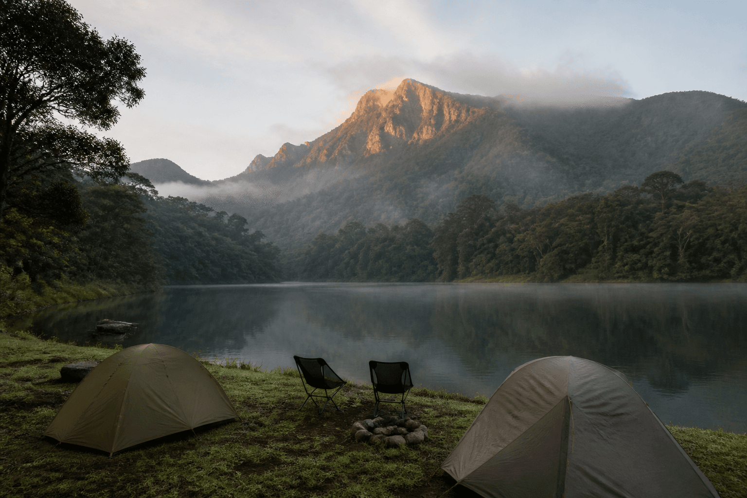 Two tents beside a misty mountain lake at dawn