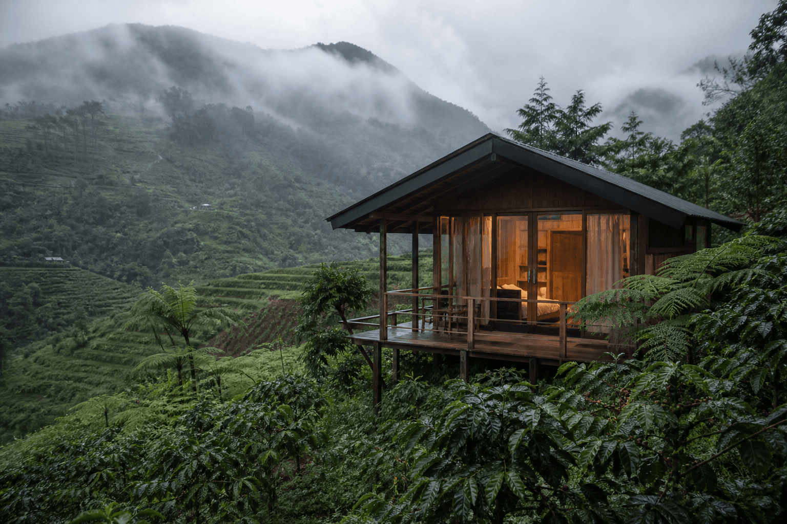 A timber cabin among misty green highland terraces