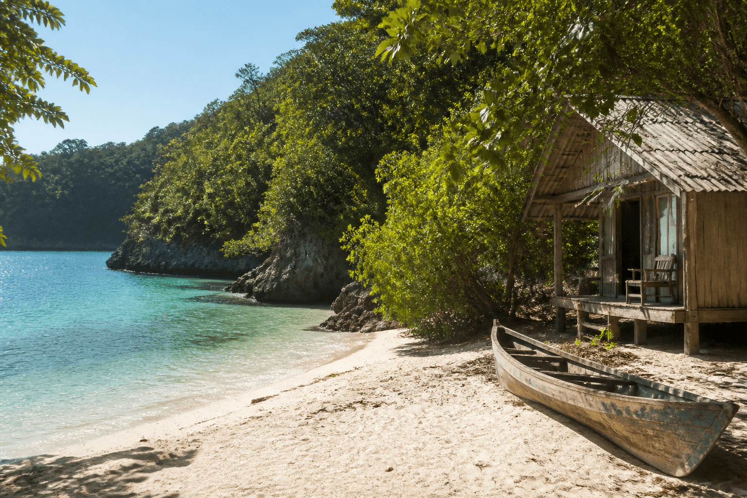 A simple timber bungalow and canoe beside a clear tropical cove