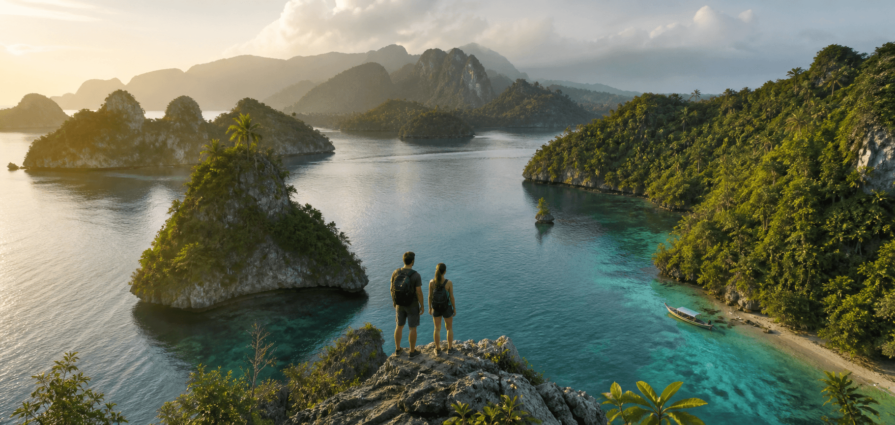 Travelers overlooking a forested Sulawesi island landscape